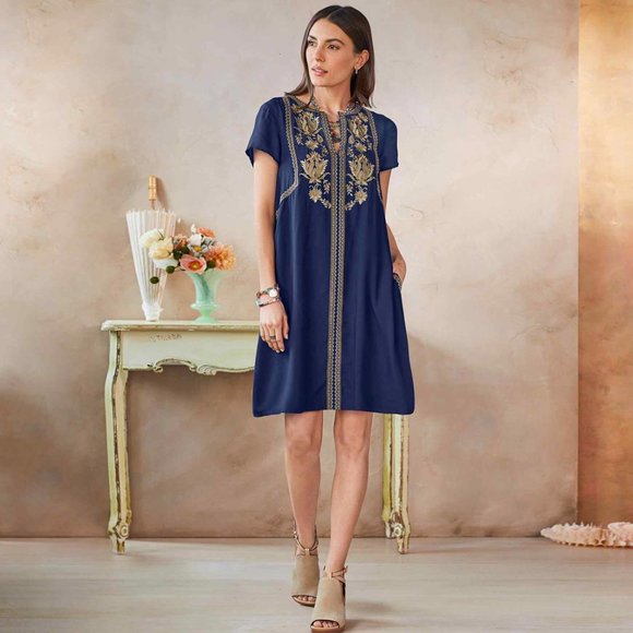 Sundance Venezia Lapis and Gold Short sleeve Bohemian Dress - Picture 15 of 15